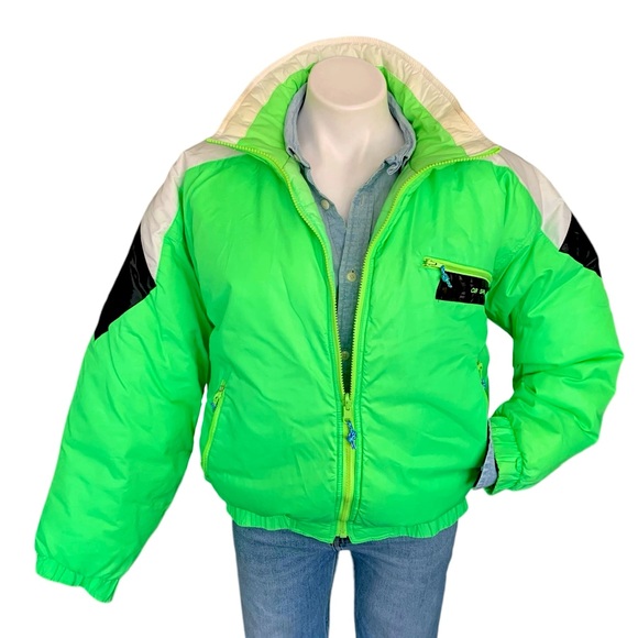 v i n t a g e :: Vibrant Neon Green Quilted Puffer Ski Winter Jacket - Picture 3 of 16